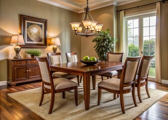 Elegant dining room set with four matching chairs, crafted from rich wood tones, surrounded by neutral walls and