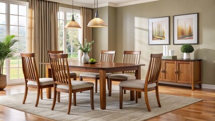 Fototapeta premium Elegant dining room setting featuring affordable, stylish furniture pieces, including a rectangular wooden table and
