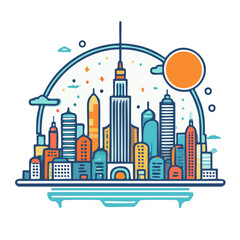 Obraz premium Cityscape with sci-fi elements in a vintage poster style, bold and flat, minimal lines vector art logo design