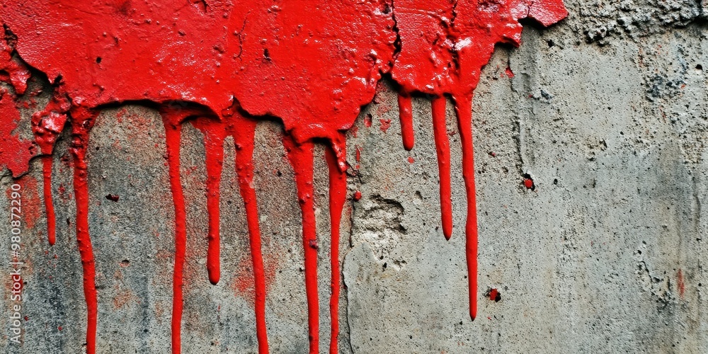 Poster dripping red paint on a textured concrete wall, creating an abstract visual effect.