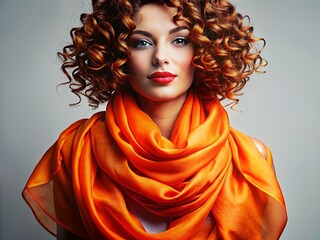 Vibrant orange scarf drapes elegantly around a plain background, highlighting a stunning curl pattern, symbolizing self-acceptance and confidence in one's natural beauty.