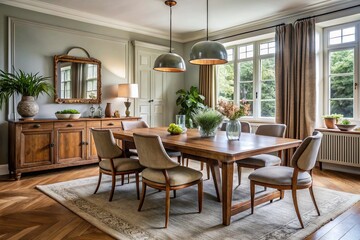 Obraz premium Elegant dining room with mixed-and-matched furniture pieces in neutral tones, combining modern chairs with vintage