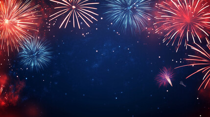 Independence day festive background. Blue red white fireworks on dark night sky with copy space.