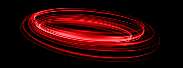 Abstract red speed light lines neon ring glowing circle round movement on black background vector