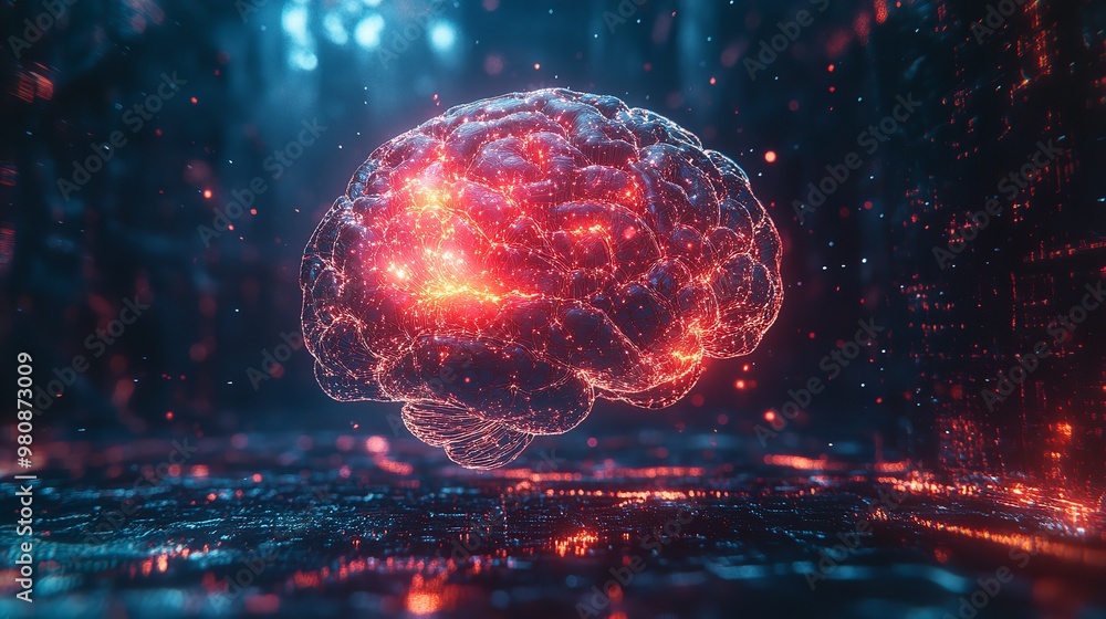 Poster a glowing brain with intricate neural connections, set against a vibrant background of abstract ligh