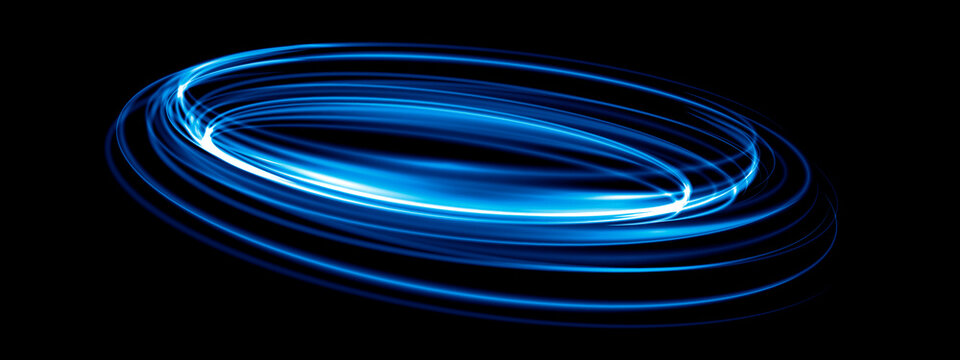 Abstract blue speed light lines neon ring glowing circle round movement on black background vector