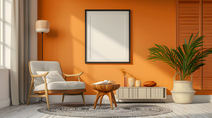 Stylish Scandinavian composition of living room with design armchair, black mock up poster frame, commode, wooden stool, book