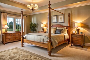 Elegant four-poster oak bed anchors the serene bedroom, complemented by matching nightstands and dresser, surrounded by
