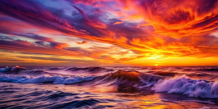 Vibrant hues of orange, pink, and purple swirl above undulating waves in an expressive abstract depiction of a serendipitous ocean sunset.