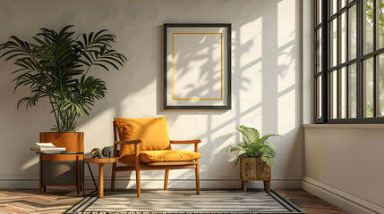 Stylish Scandinavian composition of living room with design armchair, black mock up poster frame, commode, wooden stool, book