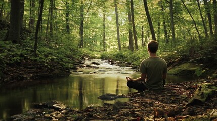Serene Forest Scene with Meandering Stream and Peaceful Reflection
