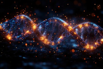 intricate 3d model of dna double helix vibrant electric blue strands intertwining against dark background molecular structure illuminated with bioluminescent glow