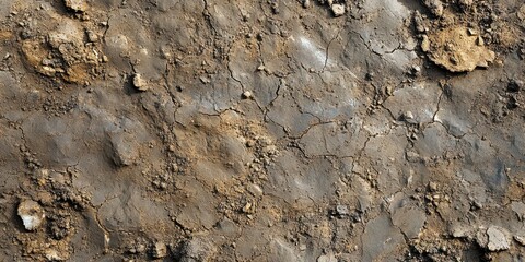 Fototapeta premium Dry, cracked soil surface with scattered stones and earthy textures.