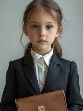 Serious Young Girl Dressed in Business Attire Holding Briefcase Representing Professionalism and