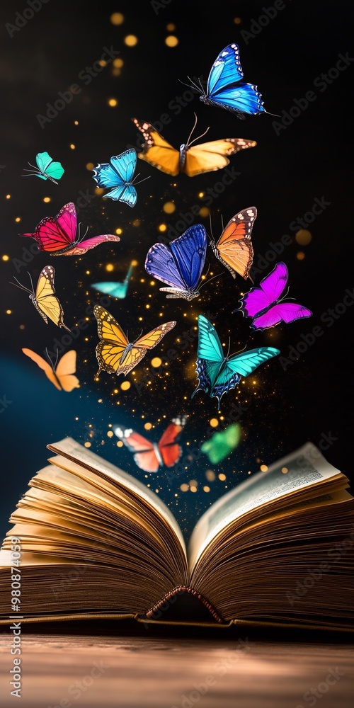 Poster a book is open to a page with a butterfly on it. the butterfly is surrounded by other butterflies, c