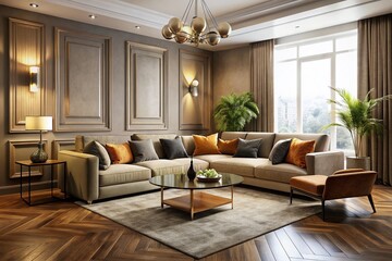 Fototapeta premium Elegant living room features sleek, low-profile sectional sofa, velvet armchair, and minimalist coffee table amidst