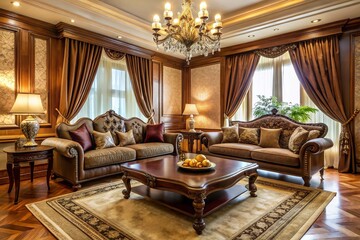Elegant living room featuring rich wood accents, plush velvet sofa, and ornate coffee table amidst a backdrop of