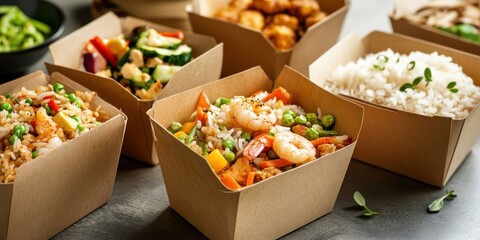 Variety of food in brown paper takeout boxes rice produce grain.