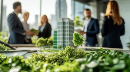 Group of executives planning ESG practices for climate-friendly investments, green building models in background, ESG climate  practices