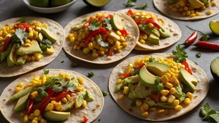 homemade tortillas with avocado, corn, hot peppers and herbs