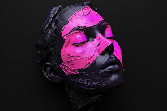 A woman's face is painted with pink and purple colors. The face is very detailed and has a lot of texture. The colors and texture give the impression of a futuristic or sci-fi look