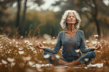Elderly Woman Practicing Yoga with Hands in Namaste Pose, Embracing Inner Peace and Wellness