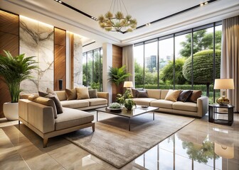 Fototapeta premium Elegant living room with marble floors, cream walls, and floor-to-ceiling windows, featuring a modern minimalist design