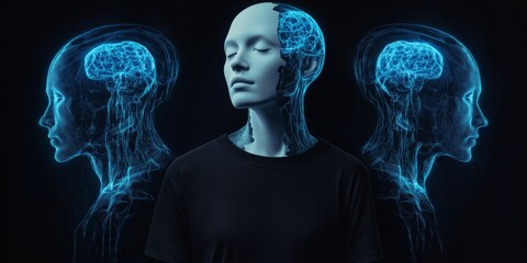 A woman is standing in front of three heads, one of which is blue. The blue head is a representation of a brain. The woman is in a contemplative or meditative state