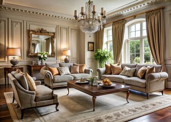 Fototapeta premium Elegant living room with plush furnishings, neutral tones, and ornate accents, showcasing a quintessential British