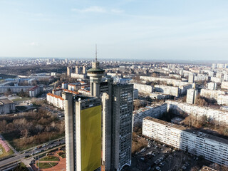 Drone view of the Belgrade Western Gate Genex tower, New Belgrade district, Serbia. Europe
