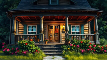 A charming, rustic country home features a wraparound porch with weathered wooden boards and decorative double columns,