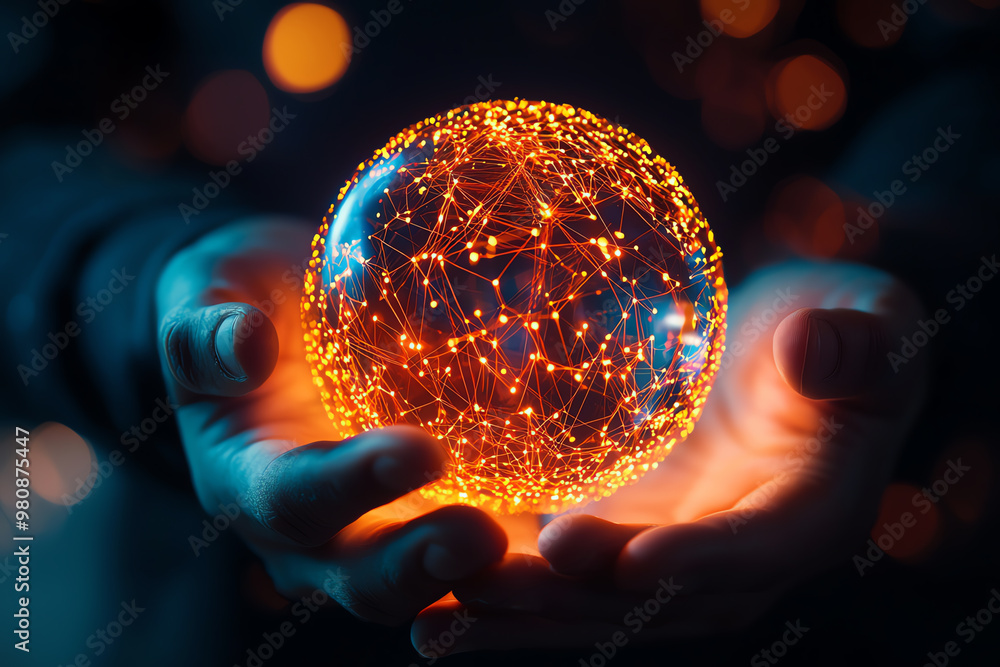 Poster a glowing orb of light held in two hands, representing connection, technology, and energy with intri