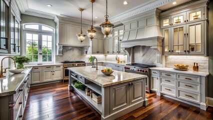 Elegant manor house kitchen renovation in progress, with petite appliances, marble countertops, and ornate molding,