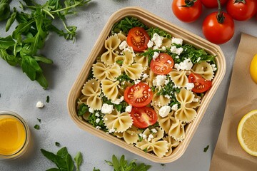 A healthy lunch box with pasta, tomatoes, feta cheese, and greens.