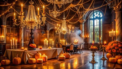 Elegant masquerade ballroom decorated with cobwebs, pumpkins, and candelabras sets the spooky yet sophisticated tone