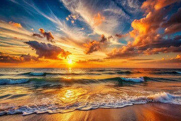 Fototapeta premium Warm golden light bathes serene waves and distant horizon as vibrant orange hues of sunset melt into soft pastel shades of tranquil evening sky.