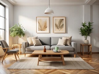 Elegant minimalist living room with sleek gray sofa, natural wood coffee table, and modern art pieces, against a