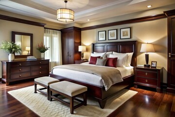Fototapeta premium Elegant modern bedroom with sleek dark wood furniture, crisp white linens, and rich burgundy accents, evoking