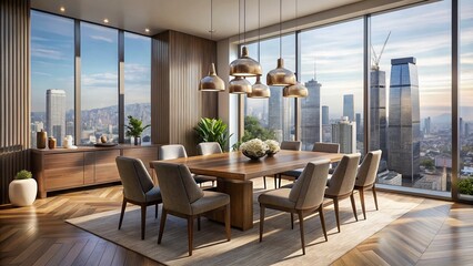 Elegant modern dining room with sleek wooden table, high-backed chairs, and pendant lighting, set against a backdrop of