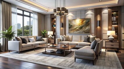Elegant modern living room features sleek lines, neutral tones, statement art, and plush furnishings, creating a