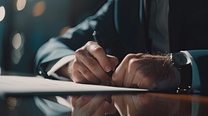 Close-up of a businessman confidently signing a contract with a blurred background of financial documents, 