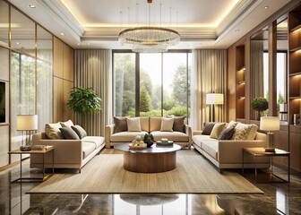 Fototapeta premium Elegant modern living room with cream-colored walls, sleek furniture, and floor-to-ceiling windows, showcasing
