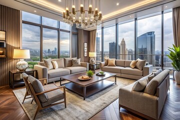 Fototapeta premium Elegant modern living room with neutral color palette, sleek furniture, and floor-to-ceiling windows, exuding