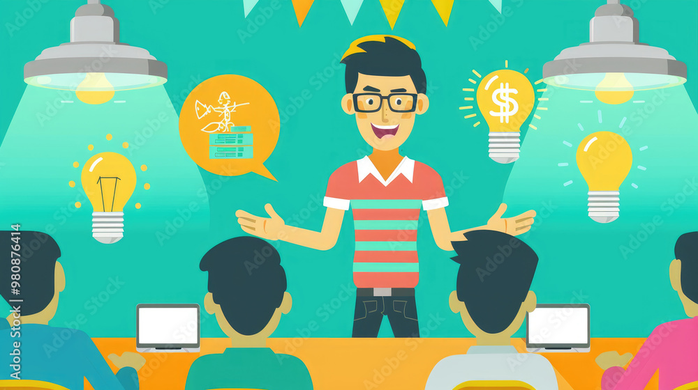 Poster a speaker enthusiastically presents ideas and concepts to a group of students during an engaging wor