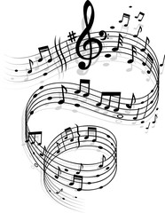 Song wave with music notes, sound swirl with treble clef and signs on curvy stave. Isolated vector monochrome melody flow. Performance and concert black and white swirling tune, wavy curl © Vector Tradition