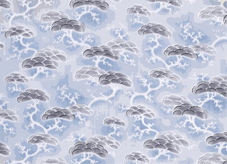 Pattern of stylized gray and white pine trees against a blue-gray background, reminiscent of traditional japanese design.