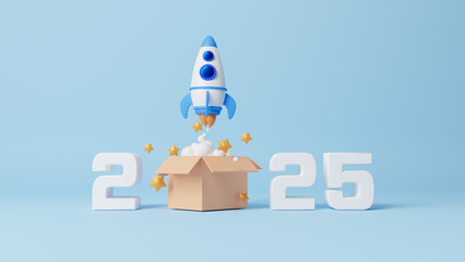Open box launch a business in 2025 with rocket rising moving up and floating stars, marketing concept. New year start-up company. Build and develop businesses with partners. Success strategy.3d render