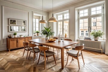 Elegant Scandinavian-inspired dining room furniture set in light-filled Copenhagen apartment, featuring wooden table,