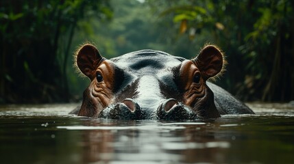 Fototapeta premium A massive hippopotamus submerged in a murky river, only its eyes and ears peeking above the water. Dense trees and jungle in the background.