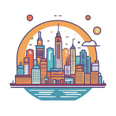 Fototapeta premium Cityscape with sci-fi elements in a vintage poster style, bold and flat, minimal lines vector art logo design